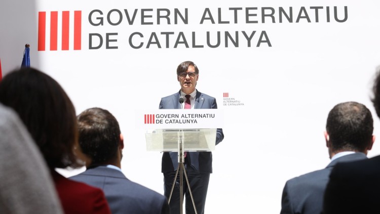 Pla general del cap de l'oposició i líder del PSC, Salvador Illa, durant la presentació del seu 'govern a l'ombra' el 6 de juny de 2021. Agència Catalana de Notícies