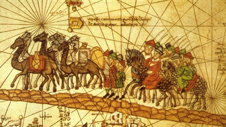 Il·lustració de l’Atles català (1375) que mostra la caravana del segle XIII de Niccolo Polo i Maffeo Polo (pare i oncle de Marco Polo) travessant Àsia.. Biblioteca Nacional de França