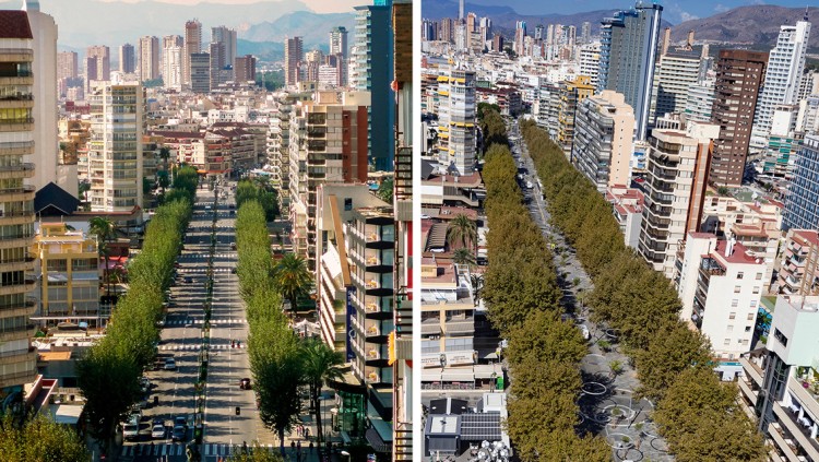 Dues perspectives dels primers 500 metres de l’avinguda del Mediterrani de Benidorm, abans i després de l’actuació urbanística duta a terme.. L. Lago / Alamy Stock Photo