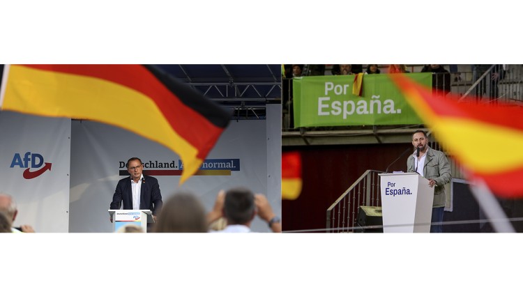 MÉS SIMILITUDS QUE NO SEMBLA. A l’esquerra, Tino Chrupalla, copresident d’Altenativa per Alemanya (AfD) en un míting recent, i a la dreta, Santiago Abascal, copresident de Vox, en un acte electoral de 2019.. Europa Press
