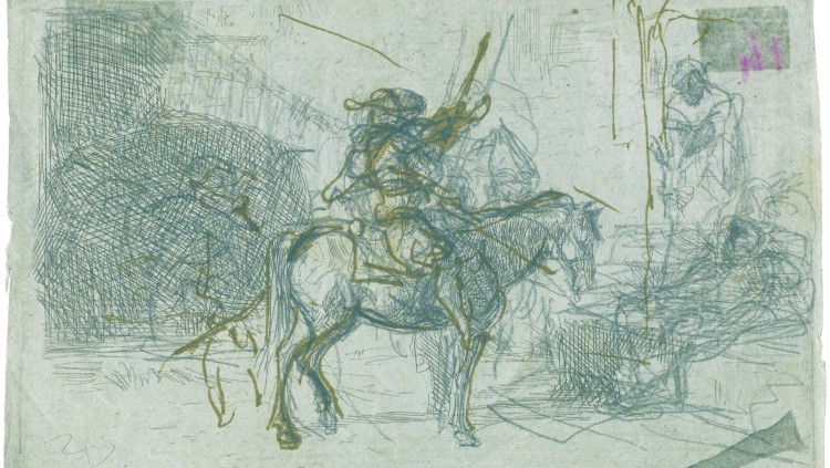 Marià Fortuny: Àrab amb gel·laba i turbant a cavall, c. 1861. Aiguafort.. Joan Ramon Bonet