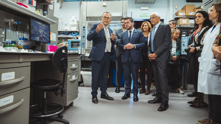 El president Aragonès i el conseller Balcells durant la visita a un laboratori de l’IBEC. Signatura: DEP. DE SALUT.  