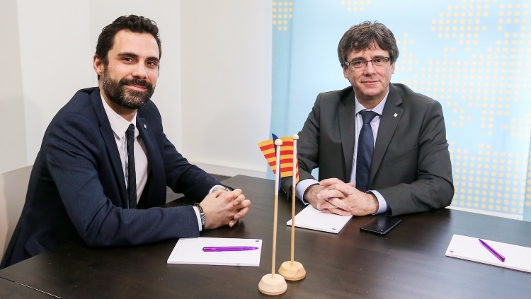 Imatge de la primera reunió de Carles Puigdemont i Roger Torrent a Brussel·les el passat mes de gener