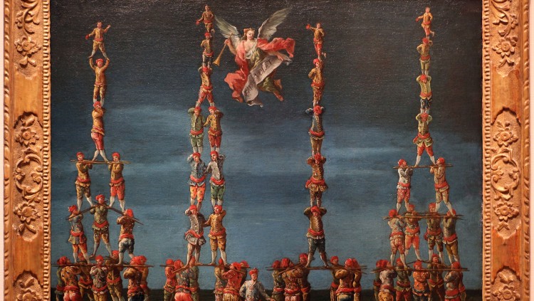 Al·legoria de la Bella Fama aixecada pels Castellani venecians en dijous gras. Obra del 1730-40 atribuïda a Francesco Guardi (Wikimedia Commons)
