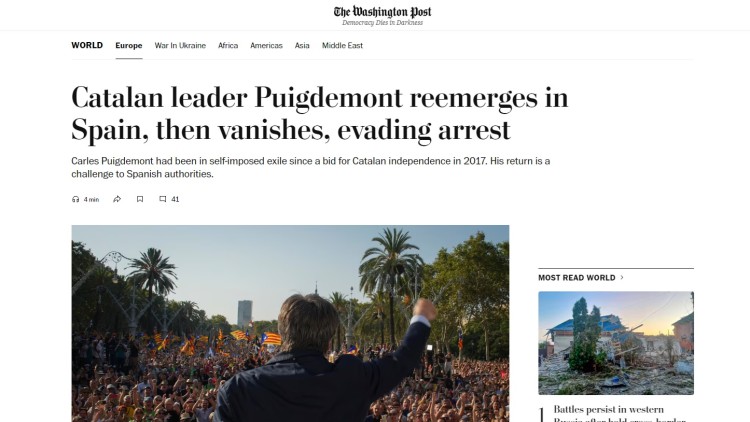 'The Washington Post' fa referència a la incursió de Puigdemont a Barcelona
