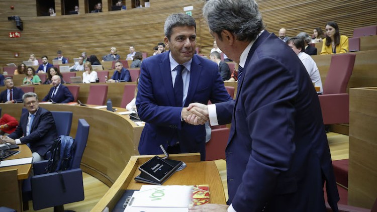 Carlos Mazón saluda afectuosament el portaveu de Vox, José María Llanos, poc abans de l’inici del debat de política general celebrat la setmana passada a les Corts.. José Cuéllar / Corts Valencianes