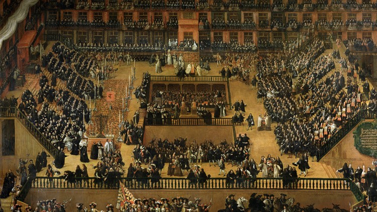 Un acte de fe com el que conclou l’obra, en aquest cas a la plaça Major de Madrid, el 1863, obra de Francesco Rizi.