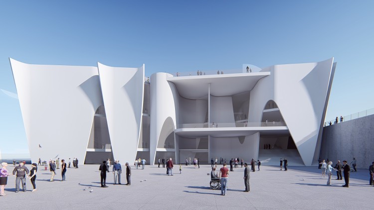 Recreació del projecte de l'Hermitage Barcelona, obra de Toyo Ito, en la ubicació de la nova bocana del Port que l'ajuntament ha denegat. ACN
