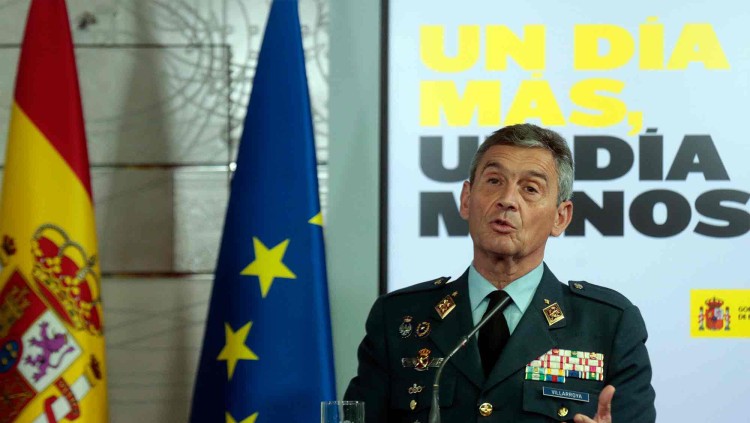 El cap d'Estat Major de la Defensa, Miguel Ángel Villaroya, durant la roda de premsa diària del Govern espanyol| Pool Moncloa