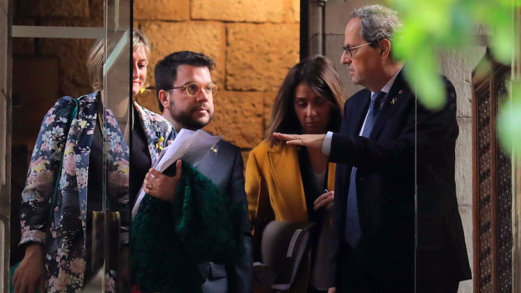 La consellera Alba Vergés; el vicepresident del Govern, Pere Aragonès; el president de la Generalitat, Quim Torra, i la consellera Meritxell Budó el 25 de febrer de 2020 (Horitzontal). ACN