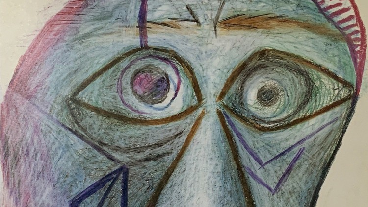 Autoretrat. Mougins, 30 de juny de 1972. Llapis i ceres de colors sobre paper, 65,7 x 50’5 cm