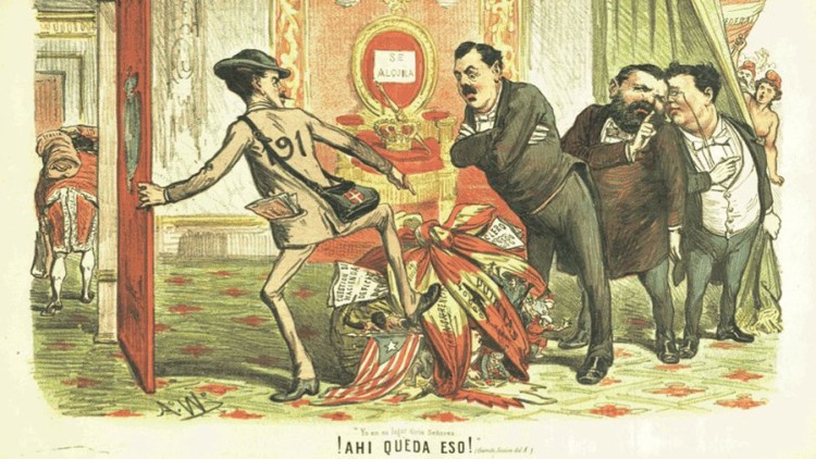 Amadeu de Savoia, rei "constitucional" dels espanyols. Va fotre el camp! Literalment, s'afartà dels espanyols. Com a la vinyeta de la imatge, publicada per la revista satírica "La Carcajada" (febrer de 1873), "ahí queda eso": el tron. Amadeu toca el dos. Ara bé, aquest -piemontès ell- va marxar amb un pàmpol davant i un altre al darrere, no carregat de doblers com acostumen a fer els borbons.