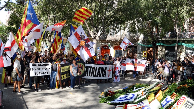 Moviment Identitari Català (MIC) en l'ofrena floral al monument de Rafael Casanova el 2018. Agència Catalana de Notícies