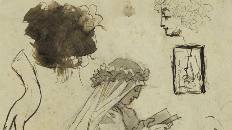 Pablo Picasso: Estudi per a Primera Comunió i altres croquis. Àlbum de Barcelona, 1896 . Museu Picasso, Barcelona. © Successió Pablo Picasso, VEGAP, Madrid 2020.